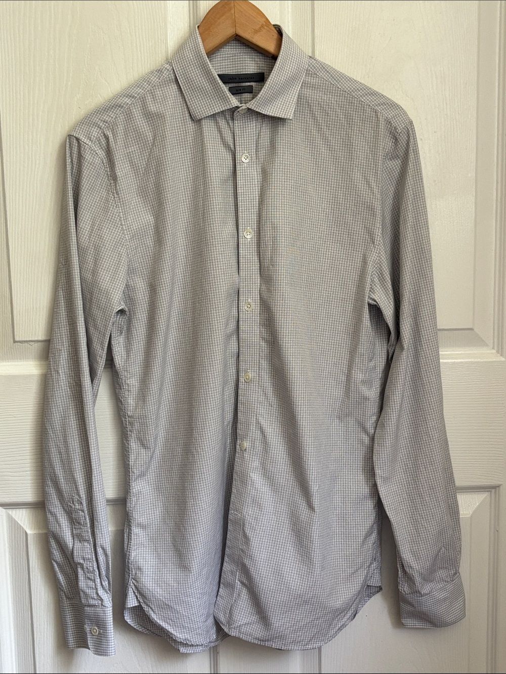 John Varvatos Slim Fit Dress Shirt Light Gray Mini-Check size 14.5 size 34/35